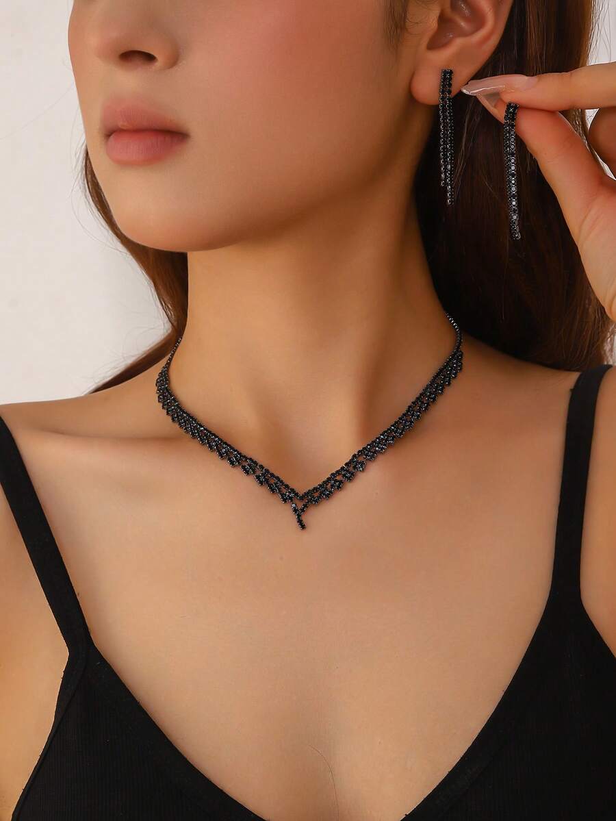 2件組極簡優雅流蘇珠寶套組,項鍊、耳環 -- 適合日常穿戴、婚禮、派對、生日、節日 - 黑色 - 查看 1