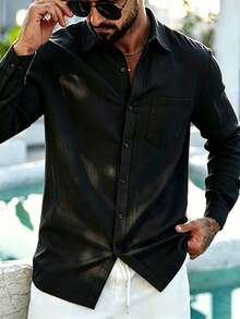 Men's Pure Black Textured Linen Button-Down Shirt, Casual Lapel Long Sleeve Pocket Shirt, Summer Vacation Daily Wear - Black - View 5