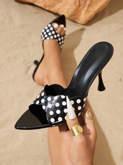 Women's Polka Dot Pointed Toe Shell-Shaped Sandals, Wine Glass Heel Design, Slip-On Open Toe Style, Suitable For Work And Party Occasions, Elegant Sexy Minimalist Black And White Polka Dot High Heel Shoes