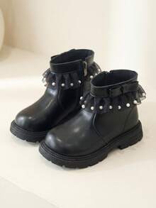1 Pair 2026 New Girls' Mesh Pearl Ankle Boots, Bow Side Zipper Thick Sole Design, Sweet Fairy Princess Style, Suitable For Autumn/Winter Outings And Dress Matching - Black - View 1