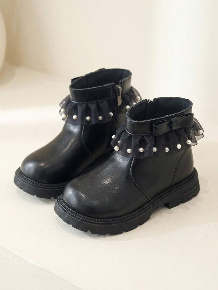 1 Pair 2026 New Girls' Mesh Pearl Ankle Boots, Bow Side Zipper Thick Sole Design, Sweet Fairy Princess Style, Suitable For Autumn/Winter Outings And Dress Matching - Black - View 1