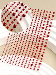 Red Large & Small 3D Heart-Shaped Glitter Face Gems, Y2K Self-Adhesive Rhinestones, DIY Concert Disco Party Shiny Face Decoration - Red - View 2