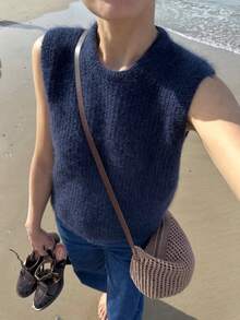 EAVA 法式優雅秋季海軍藍針織背心：休閒海岸風圓領無袖毛衣上衣 - 藏蓝色 - 查看 2