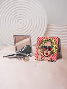 1PC European Cartoon Series Portable Vanity Mirror, Foldable Lightweight Ultra-Thin Convenient Hand Mirror, Durable PU Leather, Suitable For Multiple Scenarios And All People, Foldable Small Square Mirror For Carrying - Multicolor - View 2