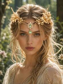 KOVLYNE 1pc Vintage Gold Floral Bridal Headband, Greek Goddess Leaf Crown With Green Crystal Pendant, Adjustable Hair Accessory, Suitable For Weddings, Festivals And Renaissance Costumes - Gold - View 8
