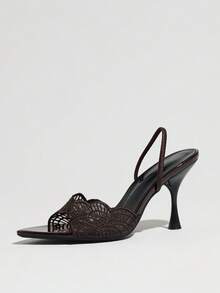 Women's Pointed Toe Lace Embroidered Fan-Shaped Mesh High Heel Sandals, Suitable For Evening Party Wear, Brown High Heels - Brown - View 7
