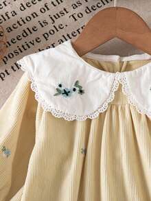 Baby Girl Floral Embroidered Peter Pan Collar Long Sleeve Bodysuit - Beige - View 5