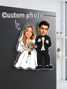 Custom Photo Bride Groom Acrylic Fridge Magnet, Couple Portrait. Personalized Wedding Keepsake Decor, Ideal Bridal Shower Engagement Kitchen Ornament. - Multicolor - View 2