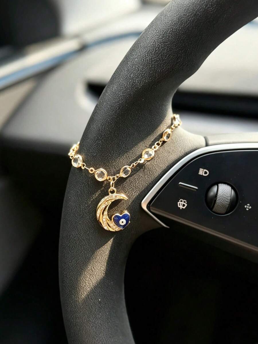 1pc Rhinestone Sun Moon Evil Eye Crystal Chain Car Steering Wheel Decoration, Car Interior Hanging Ornament - B - View 1
