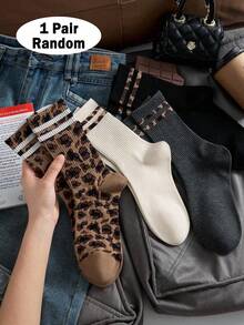 1/4 Packs Womens Leopard Pattern Striped Trim Ribbed Cotton Elastic Mid Socks Fall Winter Daily Street Style Holiday Present Socks - Multicolor - View 11