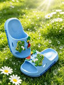 HAHABOBO New Kids Light Blue Cartoon Dino Fruit Decor Slides, Lightweight Summer Outdoor Beach Slippers - Baby Blue - View 5