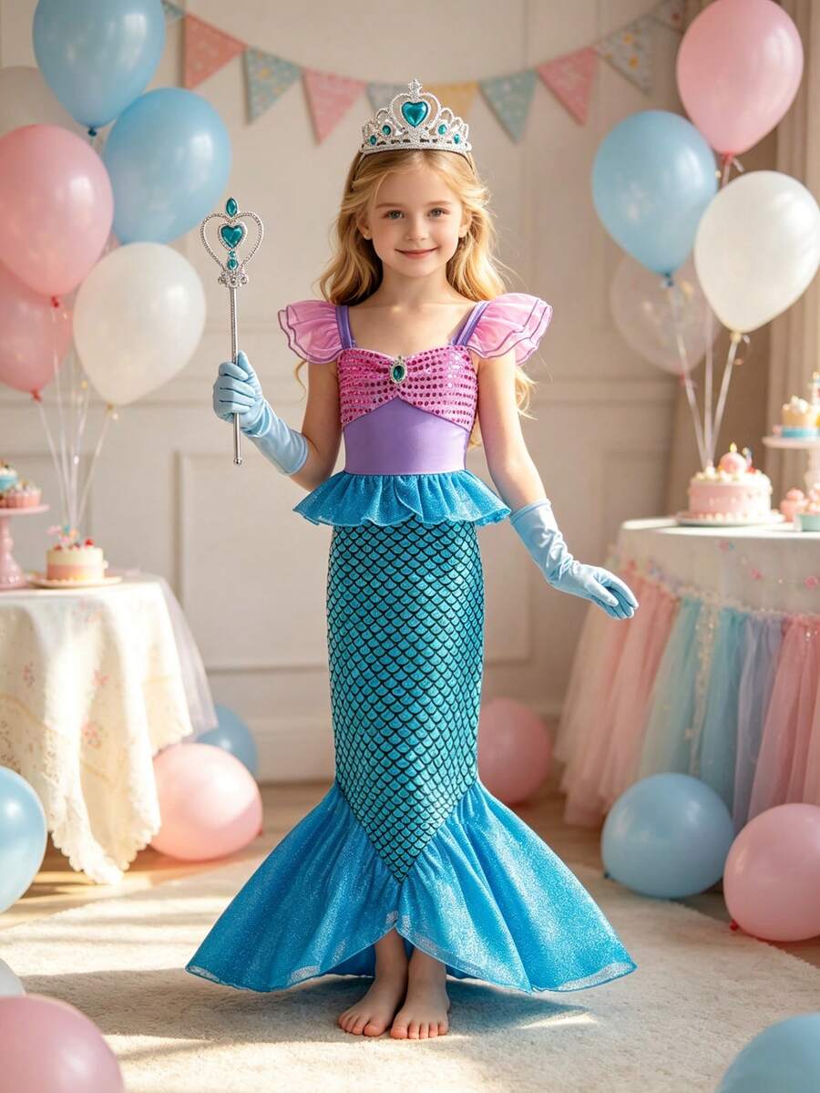 Vestido de sirena con lentejuelas azul & púrpura para niñas jóvenes con broche de piedra preciosa y mangas de mariposa, vestido de fiesta y actuación, conjunto de varita mágica, corona y guante a juego, vestido de noche para fiesta, juego de roles, adecuado como regalo de cumpleaños para niñas, adecuado para fiesta en la playa, reunión de amigos y otros eventos grandes - Morado - Ver 1
