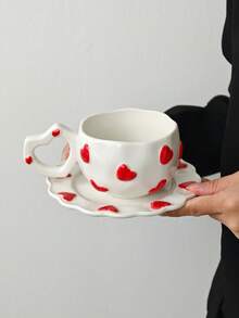 1 Set Highly Attractive Heart Pattern Ceramic Coffee Cup, Ceramic Water Cup, Heart-Shaped Handle Heat-Resistant Microwave , Afternoon Tea Cup And Saucer, Coffee Cup And Saucer, Tea Cup, Tea Set, Breakfast Milk Cup, Gift For Family - Multicolor - View 7