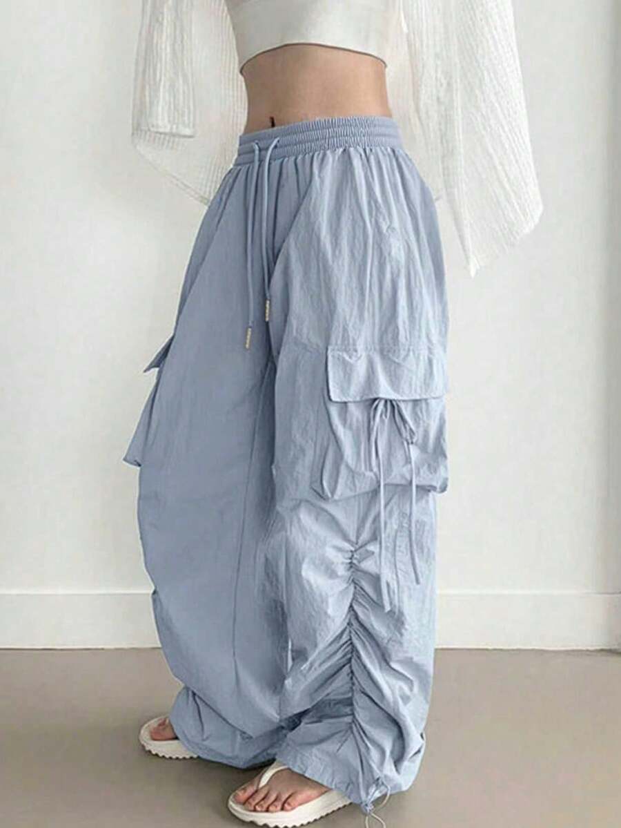 YCYC Design 抽繩綁帶蝴蝶結裝飾女款百搭休閒長褲 - 藍色 - 查看 1