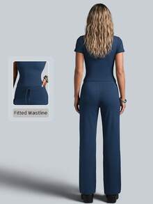 NcmRyu Conjunto deportivo de mujer de un solo color con cuello redondo, manga corta, cordón y pantalones de pierna recta - Azul Marino - Ver 11