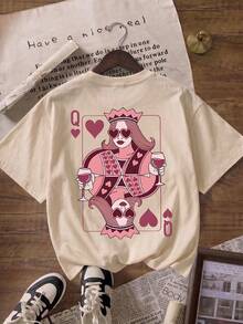ZZG Es Trus 夏季女款「紅桃 Q 撲克牌」圖案印花街頭 Y2K 風格杏色圓領大尺碼短袖休閒 T-shirt 上衣 - 杏色 - 查看 4