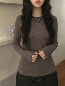 韓式慵懶修身圓領長袖女款T恤 春夏薄款收腰顯瘦休閒打底上衣 - 棕色 - 查看 4