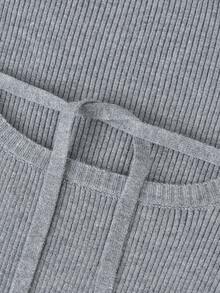 Korean Chic Spring Elegant Square Neck Tie-Up Slim Fit Long Sleeve Knit Sweater - Dark Grey - View 4