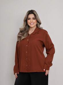 Women's Plus Size Long Sleeve Solid Color Dress Shirt - Rust Brown - View 2