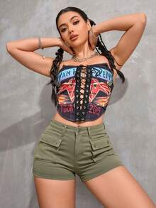 Women Denim Shorts - Army Green - View 4