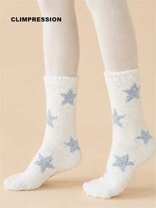 CLIMPRESSION 1/3/5 paires de chaussettes mi-mollet pour femmes, motif étoile, en polaire corail moelleux, douces, chaudes et confortables, pour l'automne/l'hiver, à porter à la maison et pour dormir - Blanc - Voir 5