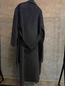 Women's Dark Grey Long Wool Coat, Double-Breasted Design, Belted Waist, Comfortable Large Lapel, Suitable For Cold Weather, Nyfw - Carbon Black - View 2
