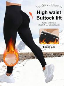 1pc Women's High Waist Thermal Lined Leggings - Thick Warm Stretchy Thermal Pants, Suitable For Outdoor Wear, Opaque Solid Color Fabric Elongates Leg Lines, Thick And Warm, Soft Lining, Stretchy Material, Ideal Choice For Cold Weather Enthusiasts.,Winter Black Sports - Black - View 2