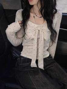 女款波點V領蝴蝶結長袖T恤，純慾辣妹修身顯瘦上衣，秋季 - 杏色 - 查看 4