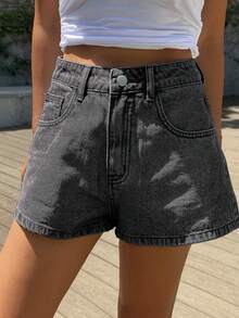 Teen Fashion Straight Leg Denim Shorts - Grey - View 5