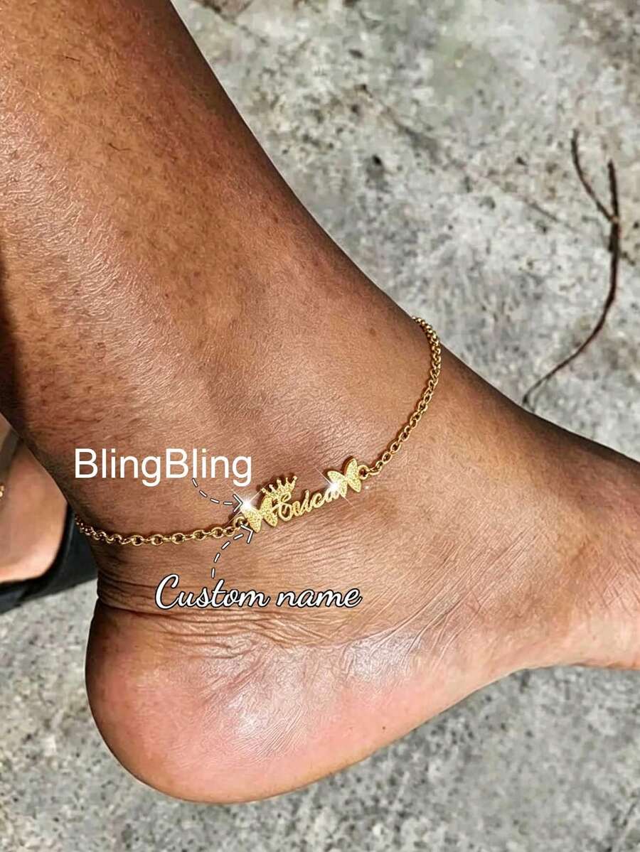 Tobillera personalizable con colgante de acero inoxidable en forma de mariposa, placa con nombre en forma de corazón, letra árabe personalizada - helado dorado - Ver 1