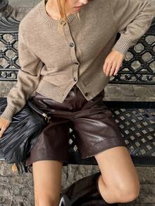 Women's Crew Neck Button Front Long Sleeve Solid Cardigan Sweater Fall Winter Casual Street Commute Daily Fashion Stylish Simple Autumn Knit Cardigan - Khaki - View 6