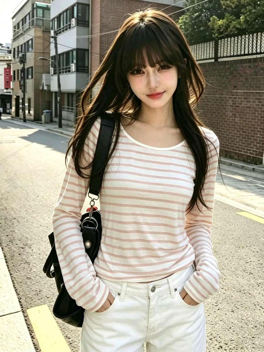 1pc Women's Striped Long Sleeve Knit T-Shirt, Design Asymmetric Shoulder Top, Summer Lightweight Asymmetric Neck T-Shirt - Pink - View 1