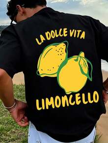 Men's Pure Cotton T-Shirt, Soft Double-Sided Printed Italian Lemon La Dolce Vita Pattern Summer Crew Neck Top - Black - View 6