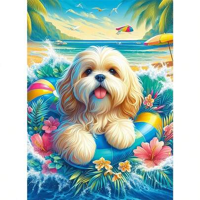 1PC | 5D DIY Diamond Painting | Summer Dolphin Cute Puppy Pattern Diamond Painting Kit, Round Full Drill Mosaic Craft Set, High Definition Art Diamond Painting, Focus And Relax Through DIY, Suitable For Living Room, Bedroom, Office Wall Decoration, Surprise Holiday Home Decor Gift For Family And Friends, Unframed