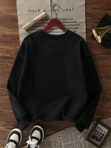 Women's Autumn/Winter New Minimalist No-Print Casual Fashion Versatile Crew Neck Sweatshirt - Black - View 4