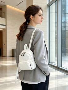 Mini Solid Color Canvas Fabric Fashion Versatile Simple Mini Backpack Shopping Travel Coin Purse Phone Bag - White - View 5