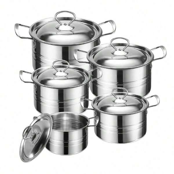 Batería de Cocina de Acero Inoxidable de 5 Piezas, Batería de Cocina de Acero Inoxidable de Doble Asa, Batería de Cocina con Tapa, Placa de Inducción, Olla de acero inoxidable ﻿