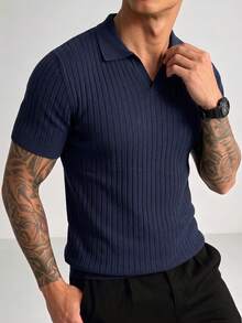 ZYNTH BALENO Men's Summer Striped Knit Polo Short Sleeve Shirt, Minimalist Versatile Top, Suitable For Outdoor Sports And Gym Workouts - Navy Blue - View 8