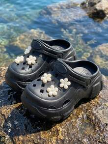HAHABOBO Sandal Anak Motif Bunga Mutiara Hitam Sol Tebal EVA, Sandal Musim Panas dengan Potongan Geometris dan Tali yang Dapat Diatur - Hitam - View 2