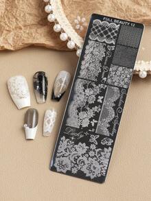 2pcs Romantic Lace & Cursive Word Nail Stamping Plate Vintage Elegant Lace Plaid With English Letter Nail Art Stamp Stencil Transfer Printing Templates For DIY Manicure Decoration Tools - Silver - View 10