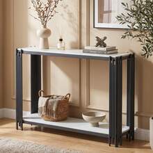 Modern Console Table With 2 Shelves, White Marble Effect Hallway Table, Black Metal Legs, Narrow Entryway Table, Decorative Table For Living Room, Hallway And Bedroom-H80/L123.5/D33.5 Cm - White+Black - View 4