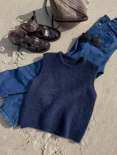 EAVA French Chic Fall Navy Knit Vest: Casual Coastal Round Neck Sleeveless Sweater Top