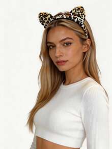 1pc Women's Vintage Leopard Print Cat Ear Headband, Sweet & Cool Style 3D Ear Headband, Fashionable Versatile Hair Accessory, Suitable For Festivals, Home Face Washing, Makeup, Hair Styling, Daily Wear, Easter Costume Prop, Halloween Headband, Christmas, Valentine's Day Party Outfit, Valentine's Day Gift For Girls - One Size Fits All - View 4