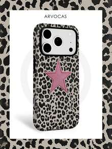Leopard Print With Pink Star Embroidery Two-In-One Phone Case, PC Hard Shell + TPU Soft Shell, Matte Protective For Daily Use & Gift, Phone, Cover Phone, Matching Phone Cases, Phone Cases, Phone Case, Case Compatible With Iphone 11 12 13 14 15 16 16e 17 Pro ProMax Air Galaxy S26 S25 - Matte Magnetic - View 1