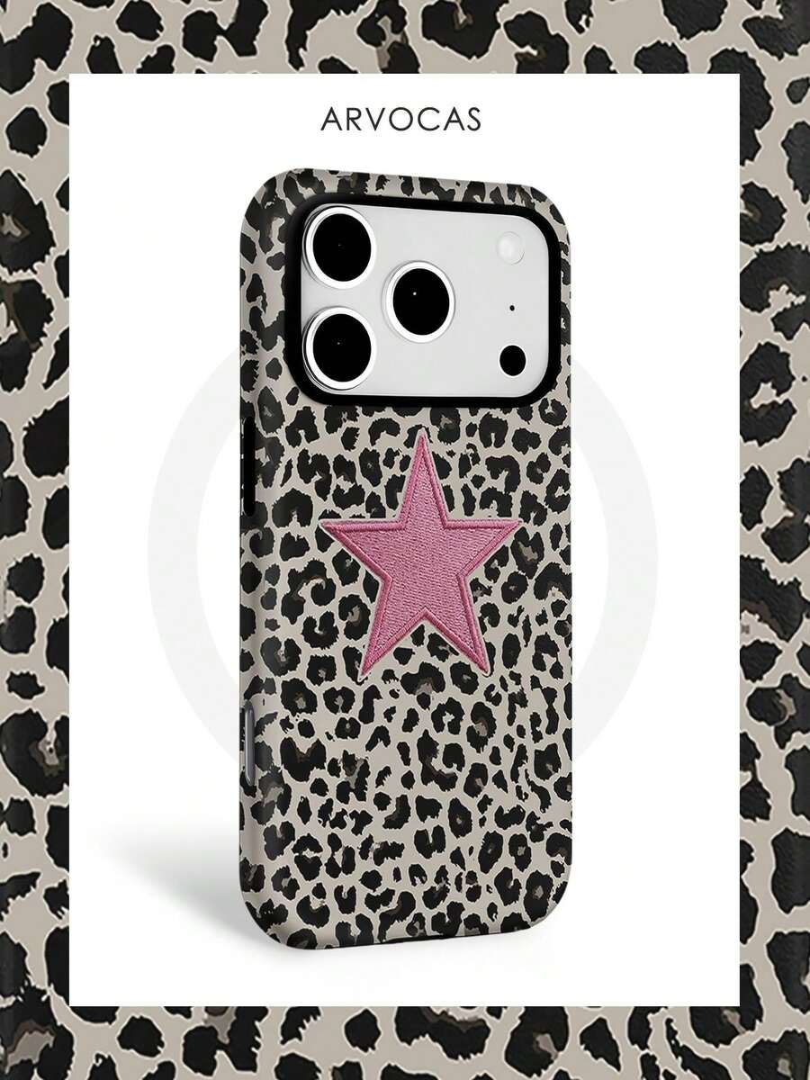 Leopard Print With Pink Star Embroidery Two-In-One Phone Case, PC Hard Shell + TPU Soft Shell, Matte Protective For Daily Use & Gift, Phone, Cover Phone, Matching Phone Cases, Phone Cases, Phone Case, Case Compatible With Iphone 11 12 13 14 15 16 16e 17 Pro ProMax Air Galaxy S26 S25 - Matte Magnetic - View 1