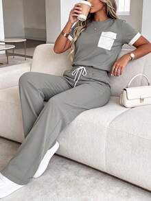 Women's Spring/Summer New Round Neck Short Sleeve T-Shirt And Casual Daily Elastic Waist Loose Long Pants 2-Piece Set, Fashionable Contrast Color Pocket Casual Home Sports Leisure Outfit - Grey - View 2