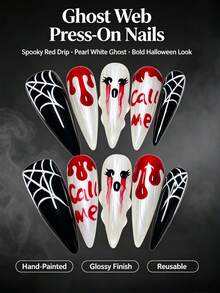 1package/10pcs-Statement Halloween Nails Edgy "Call Me" Ghost High Impact Visual | Trending Fall Festival Long Stiletto Nails For Party Queens - Red and White - View 5