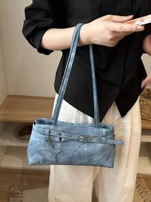 New Fashion Belt Decor Handbag & Shoulder Bag, Suitable For Parties, Gatherings, Outings, Vacations, Shopping And Daily Use, Can Store Coins, Phones, Also Suitable As Work Bag For White-Collar, College Students And Office Workers, Elegant Women's Bag - Blue - View 3