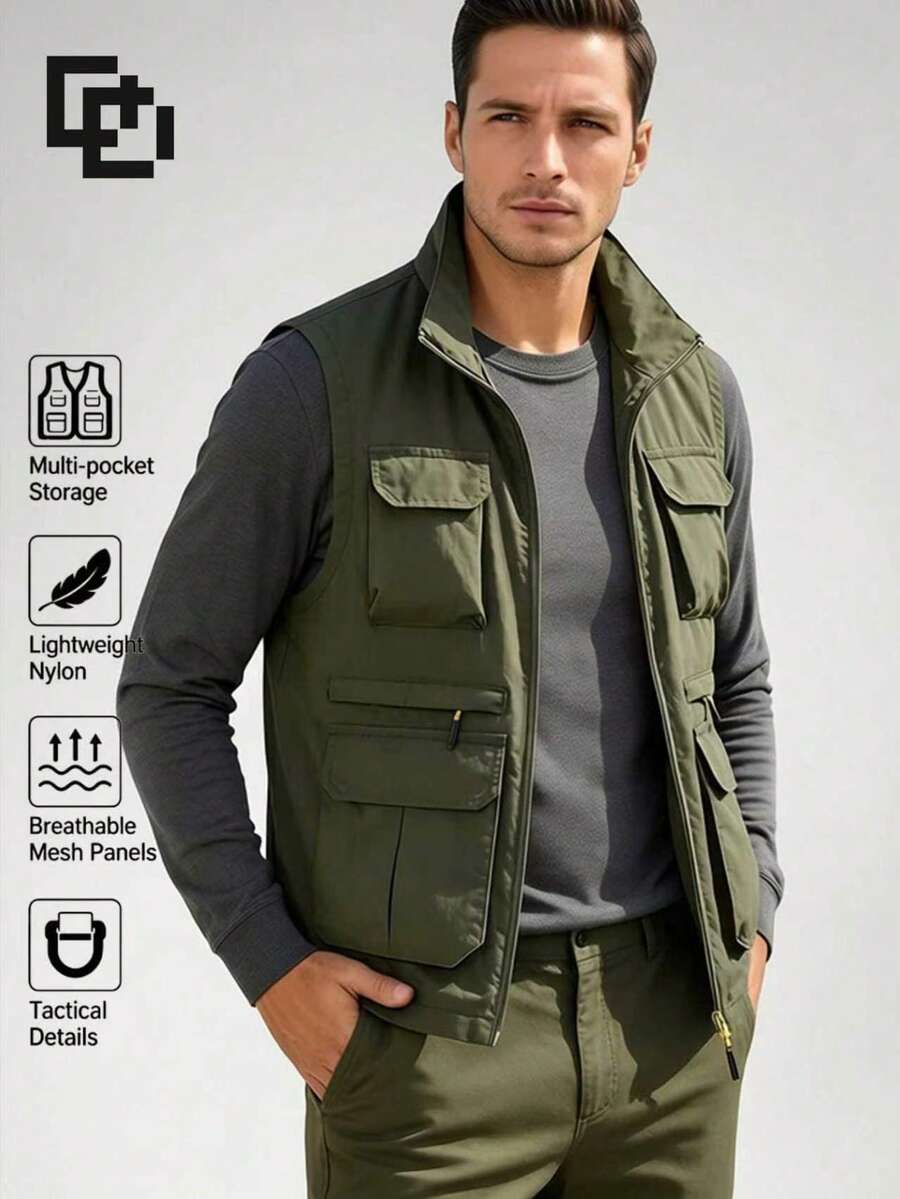 Chaqueta chaleco táctico de trabajo para exteriores con múltiples bolsillos, fina, para hombre, primavera/otoño - Verde militar - Ver 1