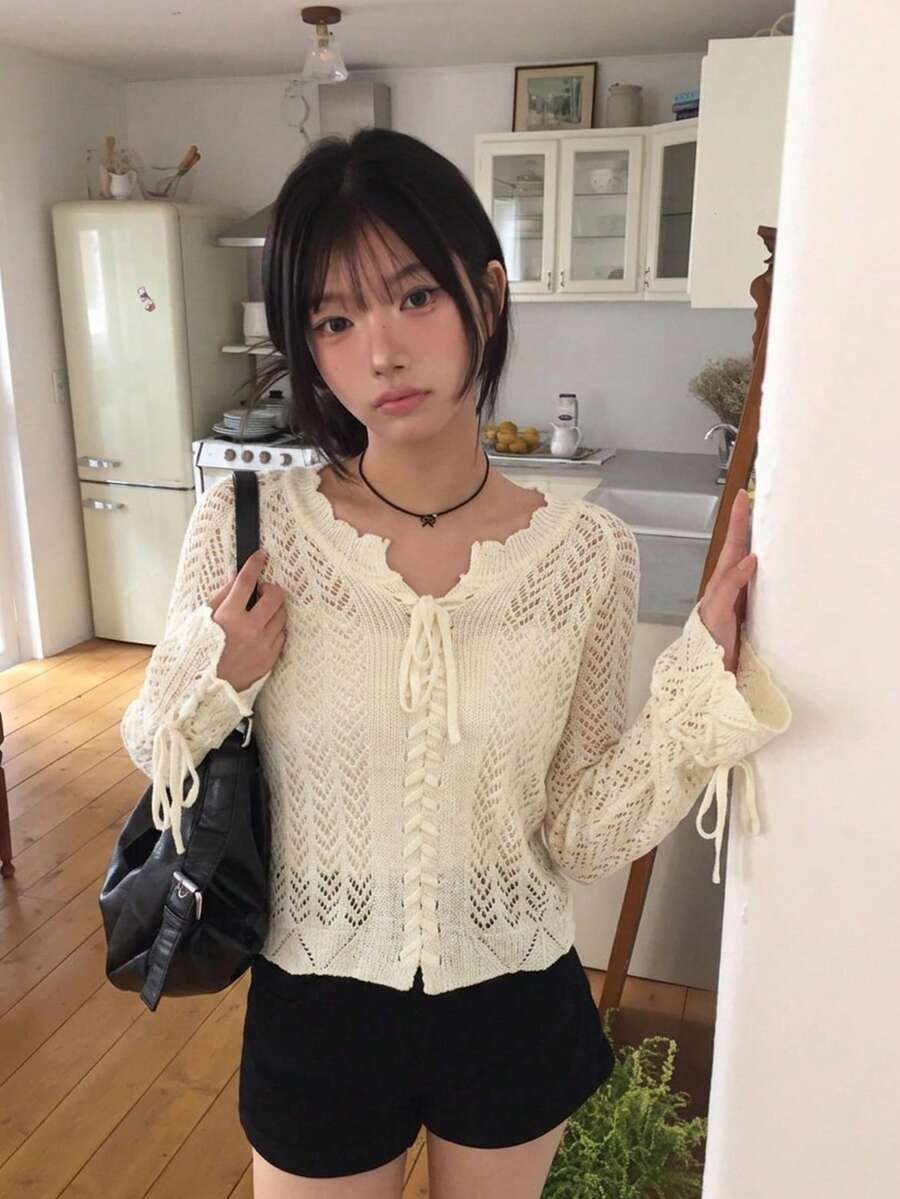 鏤空設計時尚薄款短版外套,女款夏季百搭短版上衣 - 杏色 - 查看 1